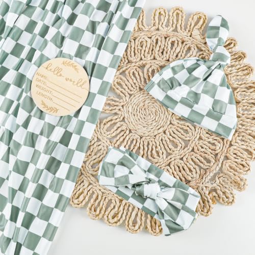 Image of TANOFAR 4-Pack Newborn Swaddle Blanket for Baby Girls & Boys, Ultra Soft Receiving Blankets with Matching Headband and Beanie Set Baby Nursery Swaddle Wrap, Grey Green Checkerboard