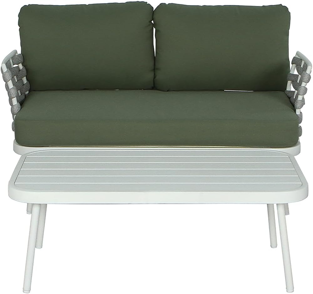 Mariano Steel Loveseat and Table, Off White+Green - Aluminum, Metal, Rope, Steel, Fabric - Ergonomic Patio Set - Outdoor Lawn, Porch - Coastal Relaxation