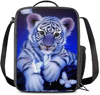 KiuLoam Cute White Tiger Butterfly Kids Small Lunch Box Children's Insulated Lunch Bag