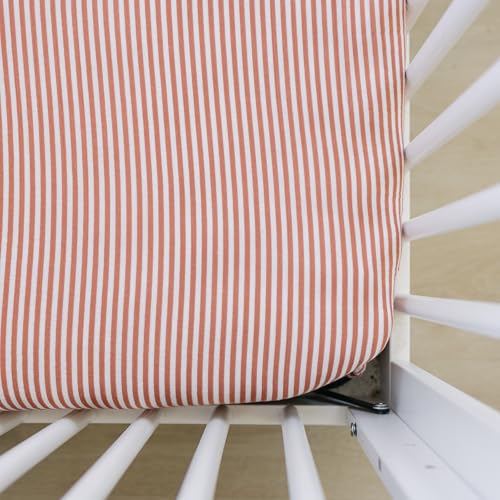 Image of Pink Stripes Muslin Crib Sheet by Mebie Baby, Soft and Breathable Bed Sheets for Babies, Modern Neutral Bedding for Cribs, Standard Crib Mattress Fitted Sheet, Great for Boy or Girl Room