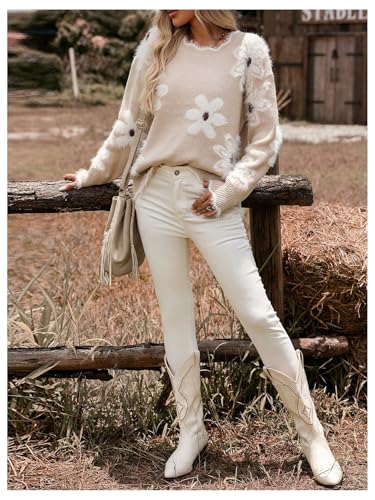 Image of SHENHE Women's Floral Sweater Crewneck Long Sleeve Fuzzy Trim Elegant Sweater Jumper Khaki Medium