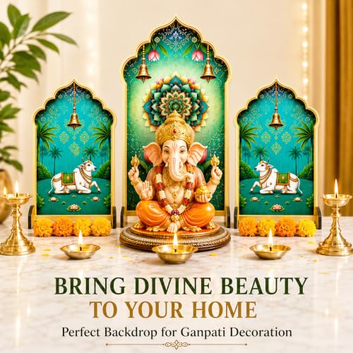 Image of Ganpati Decoration Setup for Home, Premium MDF Ganesh Chaturthi Backdrop Stand, 3 Panel Traditional Mandap Decor for Pooja, Aarti, Festival & Housewarming, Suitable for up to 12 Inches Ganpati.