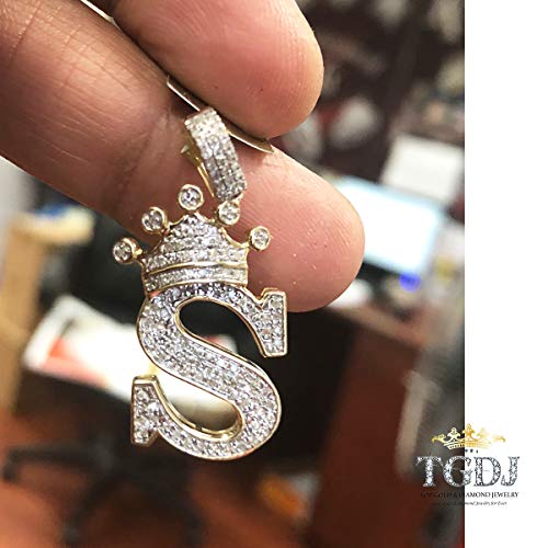 Tgdj 10K Yellow Gold Initial Letter S 0.38 Ct Crown Diamond Custom Pendant In 1.5" #TOP1