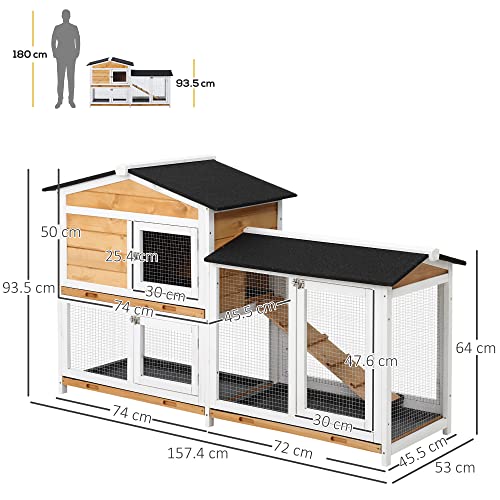 PawHut Rabbit Hutch, Guinea Pig Hutch Wooden 2-Tier Cage w/Run, Yellow - Image 7