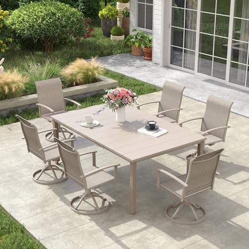 Image of VICLLAX Outdoor Table for 6, Metal Patio Dining Table with Umbrella Hole for Garden Lawn Deck Backyard, Sandshell Tabletop