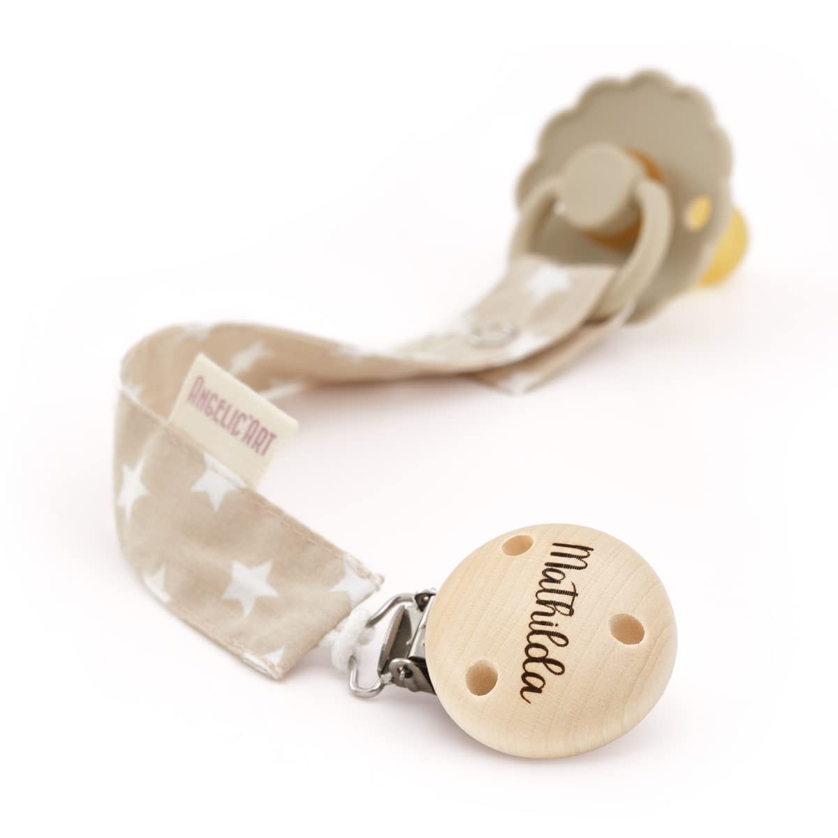AngelicArt Schnullerband mit Gravur Namen für Babys - Mädchen und Jungen - Viele Modelle und Farben (Beige mit Sternen)