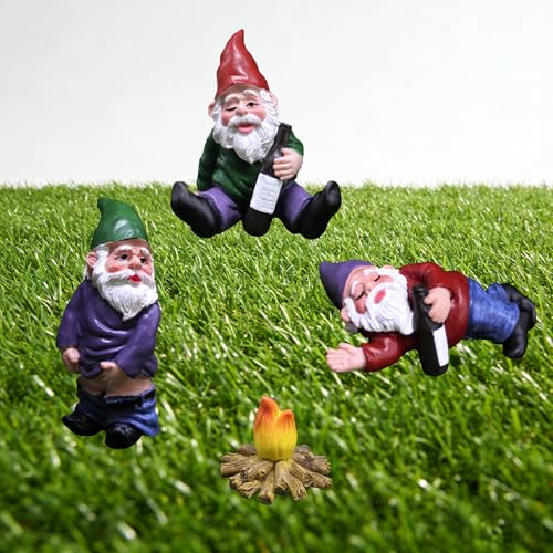 JIAMIAN 4pcs Funny Garden Ornaments - Drunk & Sitting Dwarf Gnomes, Peeing Gnome, Bonfire, Resin, Outdoor