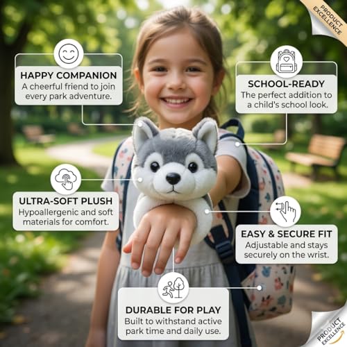 Image of Cute Husky Dog Wrist Band Soft Toy for Kids | Plush Animal Wristband Teddy | Soft Hug Bracelet Toy | Adjustable Wrist Plush Toy for Girls & Boys | Birthday Gift, Return Gift & School Toy