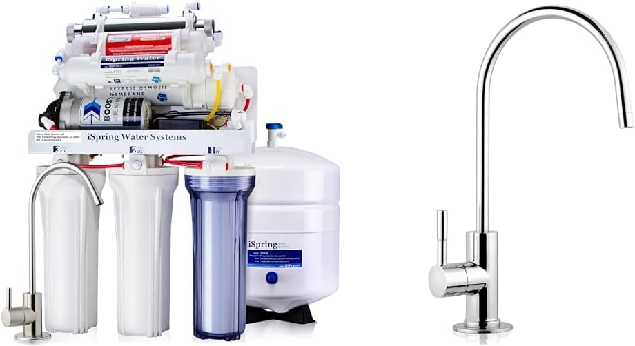 iSpring RCC1UP-AK 100GPD Under Sink 7-Stage Reverse Osmosis RO Drinking Filtration System & GA1-B Reverse Osmosis, Kitchen Bar Sink Lead-Free Drinking Water Faucet