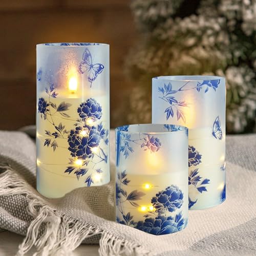 Image of Flickering Flameless Candles Blue Peony Print Embedded Star String Lights, Battery Operated Acrylic LED Pillar Candles with 11-Key Remote and Timer for Home Decoration, 3 Pack
