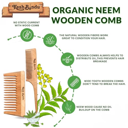 Image of Handmade Kacchi Neem Wooden Comb For Men & Women Detangling, Frizz Control & Shine, Suited For All Hair Diffrent Type of Kangi Combo Pack 2pis (Wide Tooth + Tel)