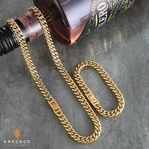 KRKC&CO Mens Hip Hop Jewelry Set, 8mm/10mm/12mm 18k Cuban Link Curb Chains and Bracelets, Solid No Tarnish Necklace, Durable Street-wear Hip Hop Chains for Men4
