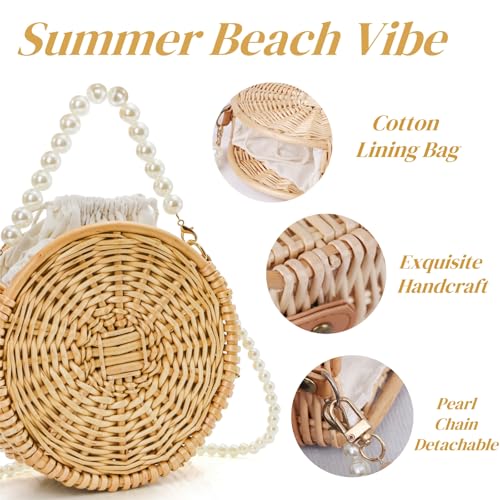 Bolso redondo de ratán trenzado con asa de perlas miniatura 5