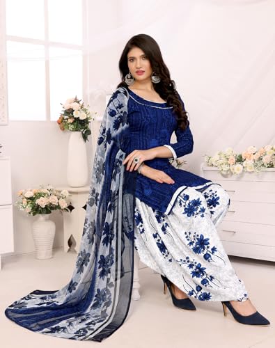 Image of Yashika Women's Printed Dress Material - Unstitched Crepe Fabric Kurti, Pants & Dupatta Set