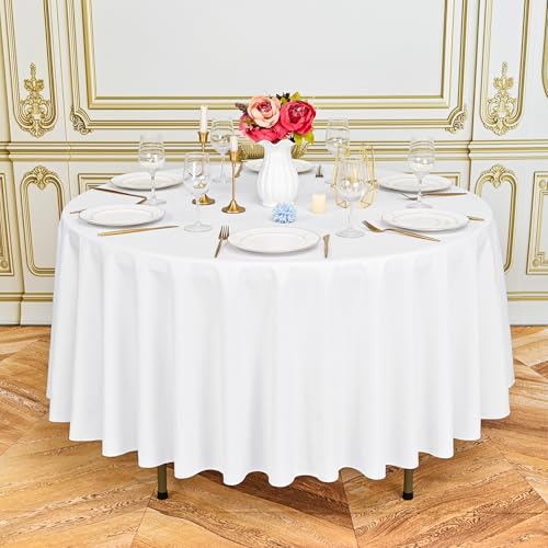 Lumaycens 1 Pack White Round Tablecloths,90 Inch Round Table Cloth Washable and Reusable Stain and Wrinkle Resistant Polyester Fabric for Wedding Party Banquet Camping Restaurant Decoration - Image 3