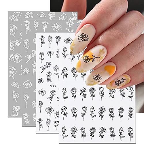 Flowers Nail Art Stickers 3D Self-Adhesive Black White Rose Nail Stickers Decals for Nail Art Floral Design Nail Supplies for Acrylic Nails DIY Manicure Tips