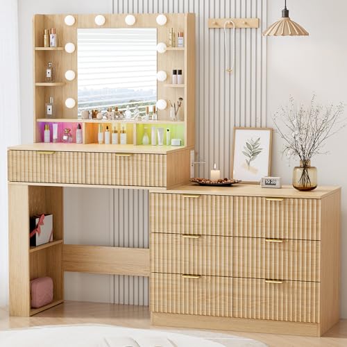 Image of Vanity Desk with Mirror and Lights, Fluted Makeup Vanity with 8 Drawers, Storage Shelves, RGB Light and Power Outlet, Bedroom Dessing Table for Women, Girls, Oak,56.7 inch