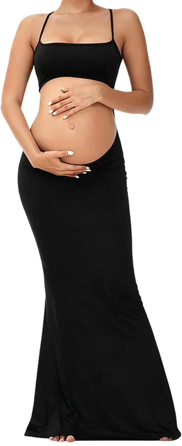 Maternity Dress for Photoshoot Black Long Sleeve Gown Open Belly Backless Bodycon Pregnancy Dresses for Women