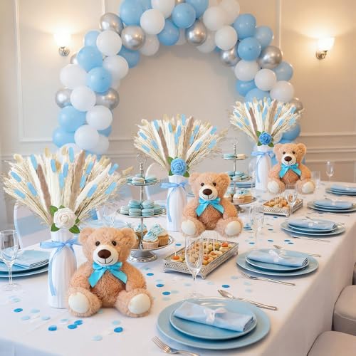 Relaxgiant 4 Sets 125 Pcs Bear Baby Shower Table Centerpiece with Bear Stuffed Animals Blue Dried Pampas Grass Artificial Flower Plastic Vase for Boho Wedding Bridal Reveal Birthday Baby Shower Decor by Relaxgiant - Used condition - Image 6