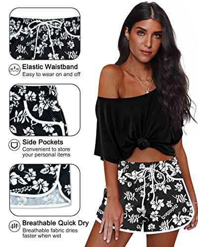 Womens Summer Causal Beach Short Drawstring Elastic Waistband Sports Boardshort Black Floral M #TOP3