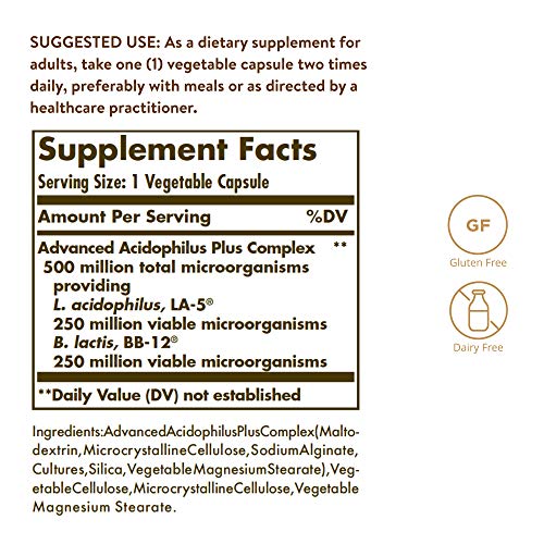 Solgar Advanced Acidophilus Plus, 240 Vegetable Capsules - Supports Healthy Intestinal Flora - 500 Million Microorganisms Per Serving - Gluten & Dairy Free - Vegetarian - 240 Servings #TOP1