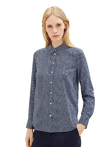 TOM TAILOR Damen 1037899 Bluse mit Muster & Turn-Up Ärmel, 32365-navy...