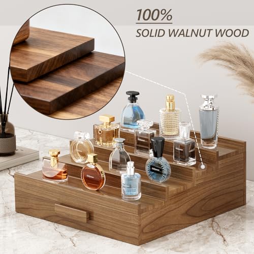 Image of Solid Walnut Cologne Organizer for Men, 4 Tier Cologne Stand Display Shelf | Wood Perfume Organizer, Cologne Holder with Drawer Storage and Hidden Compartment,Gift for Men Dad Husband Brother Boyfriend