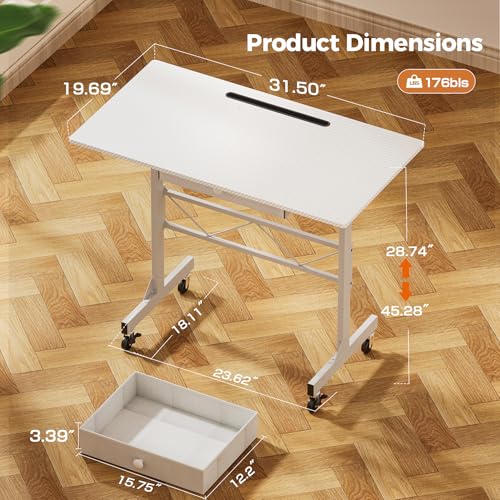 Image of COMHOMA Portable Standing Desk Adjustable Height 30.7 inch-46.4 inch, Standing Desk with Drawers, Mobile Rolling Computer Desk for Home Office Work and Walking Pad Treadmill, Carbon Fiber White