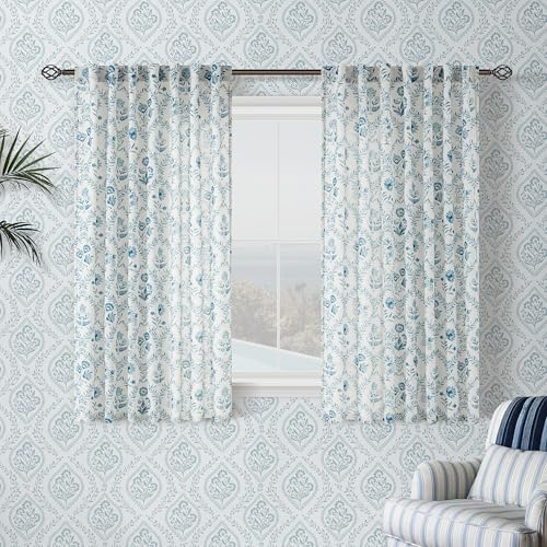 Image of Blue Floral Short Curtains 45 Inch Length Sheer Linen Curtain for Kitchen | Cafe Small Curtain Panel, Dining Room, Back Tab, Farmhouse, Light Filtering, Pattern Print on Cream White, Vintage, Room Deco