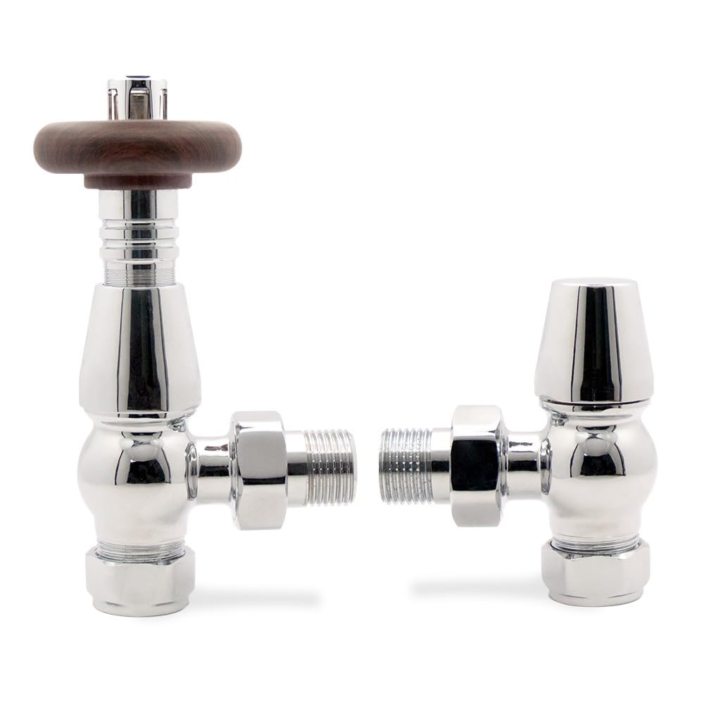 Chrome Angled Traditional Wood Top TRV Thermostatic Radiator Towel Rail Valves