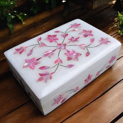 Marble Inlay Jewelry Box 6x4 Inch | Mother of Pearl Pietra Dura Trinket Box | Handmade Floral Keepsake Storage Box for Dry Food | Decorative Gift for Birthday, Anniversary, Housewarming