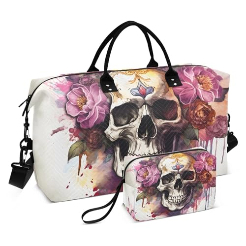 Large Travel Duffel Bag, Grim Skull Sports Tote Gym Bag, Shoulder Weekender Overnight Bag for Women Men, Carry On Luggage with Toiletry Bags