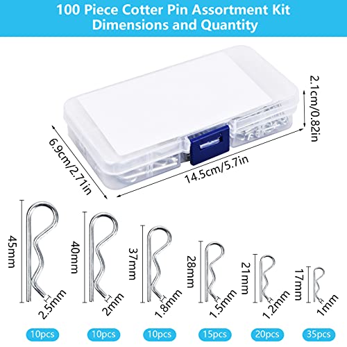 Hitch Pin Sortiment, 100 Stück Splinte Federstecker Set, 6 Größe Sicherungssplinte R-Clips mit Sortimentsbox, für den Einsatz auf Anhängerkupplungsstiften, Autos Mechaniker Verriegelungssystemen