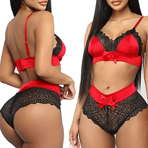 Conjunto-Lenceria-Sexy-Mujer-Ropa-Dormir-Encaje-Babydoll2-Piezas-Sujetador-Push-Up-y-Bragas-Tanga-TransparentePajarita-Correas-Ajustables-Ropa-Interior-Navidad-HalloweenRojo-Negro-Naranja