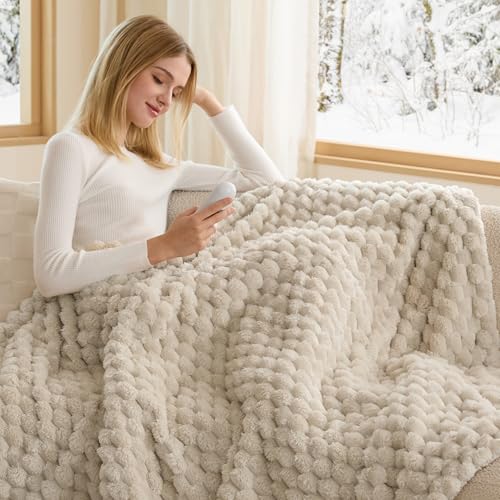 Image of Bedsure Heated Blanket Throw - Super Soft Flannel Sherpa Electric Blanket with Bubble Pattern, Heating with 6 Heating Levels, 4 Time Settings, and 3-Hour Auto-Off (Light Brown, 50x60 inches)