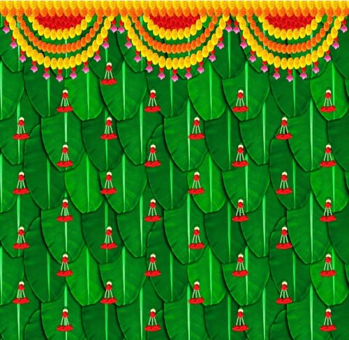 Image of Pooja Backdrop Cloth | Green Banana Leaf Background Flower Garlands Toran and Red Flower Festival Decoration Cloth | varalakshmi Pooja Backdrop 5x5 feet