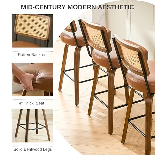 Image of Swivel Bar Stools Set of 2, 26 inch Upholstered Counter Height Bar Stools with Back and Walnut Wood Legs, Faux Leather Barstools for Kitchen Counter, Rattan Brown