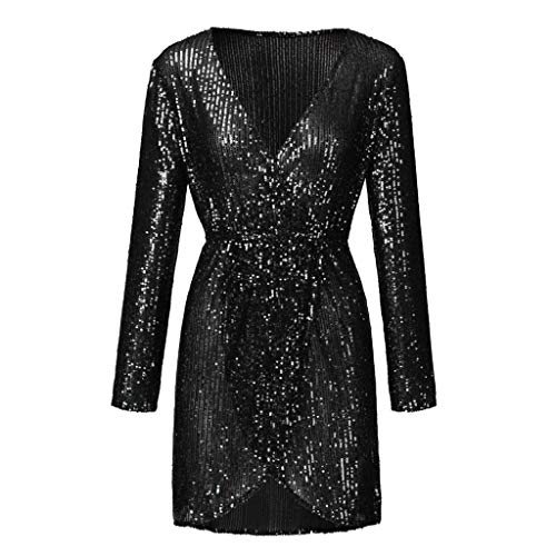 Preisvergleich Produktbild iYmitz Damen Glitzerndes Rundausschnitt Paillettenkleid Abend Minikleid Glam Pailletten Langarm Flapper Kleid