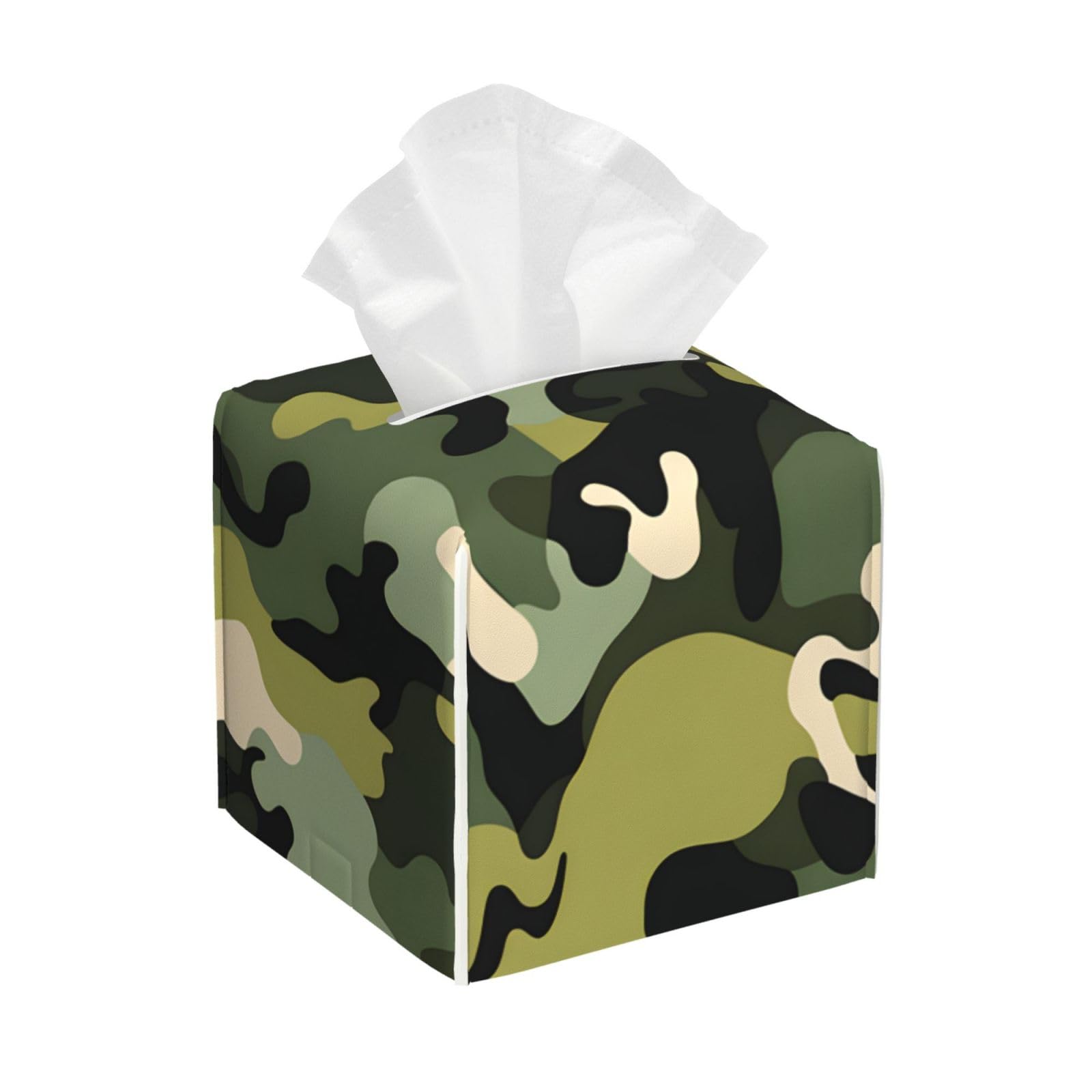 Square Tissue Box Cover, Leather Tissue Cube Box Holder, Green Camouflage In Abstract Hunter Theme, Facial Paper Case for Tabletop, Bathroom, Car, Office 5.2"x5.2"x5.2"in