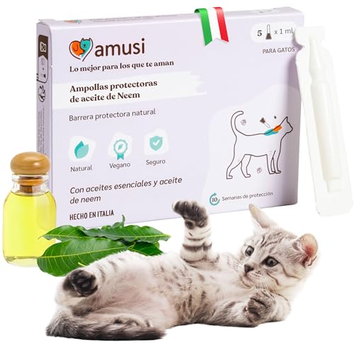 Ampollas Protectoras de Aceite de neem para Gatos - 6 Pipetas Gatos de 0,5 ml - Pipetas Antiparasitarias Gatos - contra Pulgas Gatos Garrapatas Mosquitos Piojos - Protección Duradera Natural