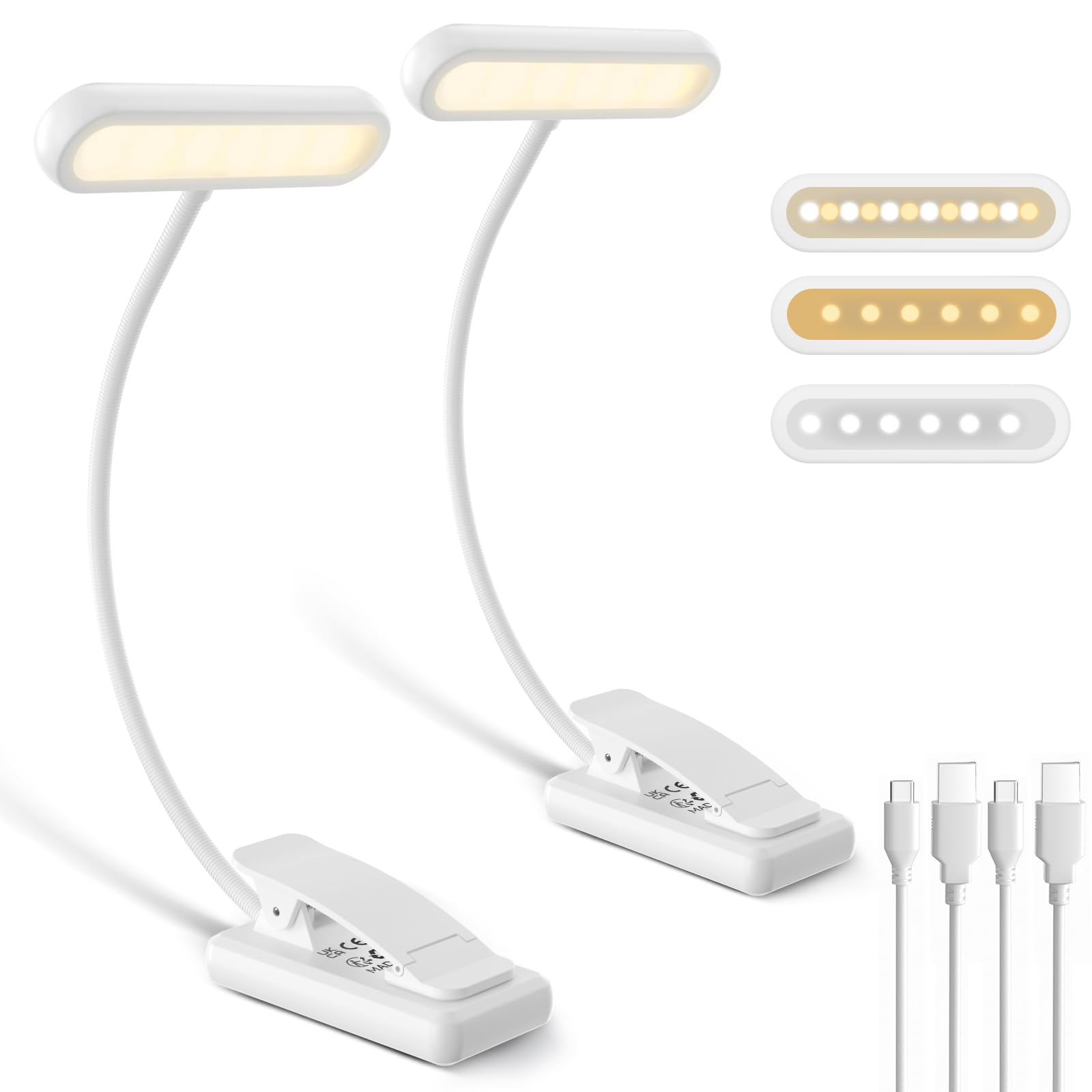 iFalarila 2er Pack Leselampe Buch Klemme, Breite Lichtabdeckung, USB C Wiederaufladbare Buchlampe mit 3 Farben & 10 Helligkeit dimmbar, flexibler Schwanenhals, klemmleuchte, Leselicht für Kinder