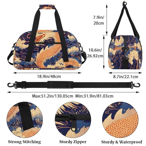 Chinese Dragon Gym Travel Duffle Bag for Boys - Gymnastics Sports Dance Bag with Front Zipper Pocket for School Practice or Overnight Travel Weekender Sleepover Tote Bag Orange Dragon3