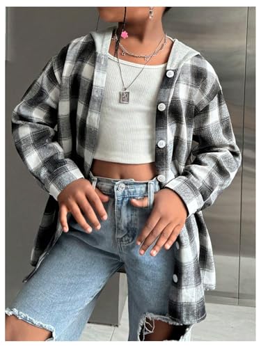 Floerns Girl's Plaid Print Long Sleeve Shacket Shirts Button Down Hoodie Jacket3