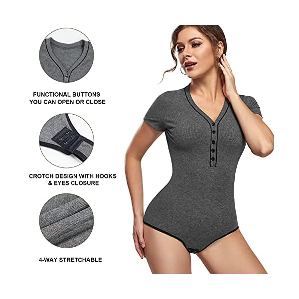HAENPISY-Short-Sleeve-Bodysuit-for-Women-Basic-Slim-Fit-V-Neck-Button-Up-Ribbed-Knit-Thong-Leotards-Top HAENPISY Short Sleeve Bodysuit for Women Basic Slim Fit V Neck Button Up Ribbed Knit Thong Leotards Top(X-Large, Grey)
