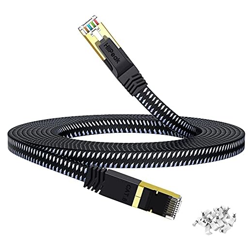 HiiPeak Cat 8 Ethernet Cable 15 ft, Flat Nylon Braided Internet Cable, High-Speed 40Gbps Network Patch LAN Cable, RJ45 Gaming Cable for Modem, Router, PC, Xbox, Laptop, Computer, Black and Grey 15ft