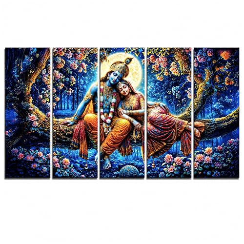 Image of Nozvera Radha Krishna Sparkle Laminated MDF Wall Painting Set of 5 | Radha Krishna Wall Painting Big Size | Wall Art for Living Room Decoration | Wall Decor Items for Home Decor and Bedroom