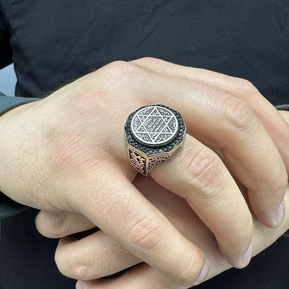 Anillo de sello de los siete arcángeles para hombre, sello de Salomón, cábala, plata de ley 925, circonita cúbica negra, triángulo, estrella de David, anillo de amuleto de protección para