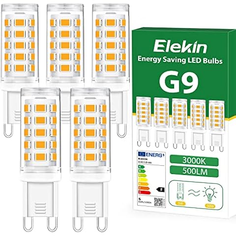 Elekin 5W G9 LED Bulb, 500LM Warm White 3000K Energy Saving LED Bulb, Equivalent to 50W Halogen Bulb, No Strobe, Not Dimmable, 360° Beam Angle, AC 220V-240V for Lighting Decoration, 5 Pack Cover