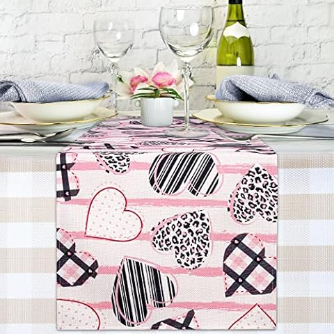 FRAMICS Valentine's Day Table Runner 14x 72 Inch, Romantic Pink Stripe Love Heart Table Runners, Anniversary Linen Leopard Heart Table Decoration for Mother's Day Wedding Engagement Party Dining Cover