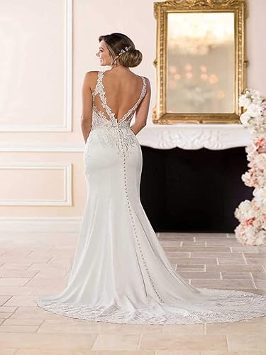 Weddingdazzle Women's Mermaid Wedding Dresses For Bridal-Backless Spaghetti Strap Beach Wedding Long Gown With Sleeve-Plus Size Off Shoulder Lace Ball Gown Bateau Beaded Maxi Dress Us Size 10 White #TOP3